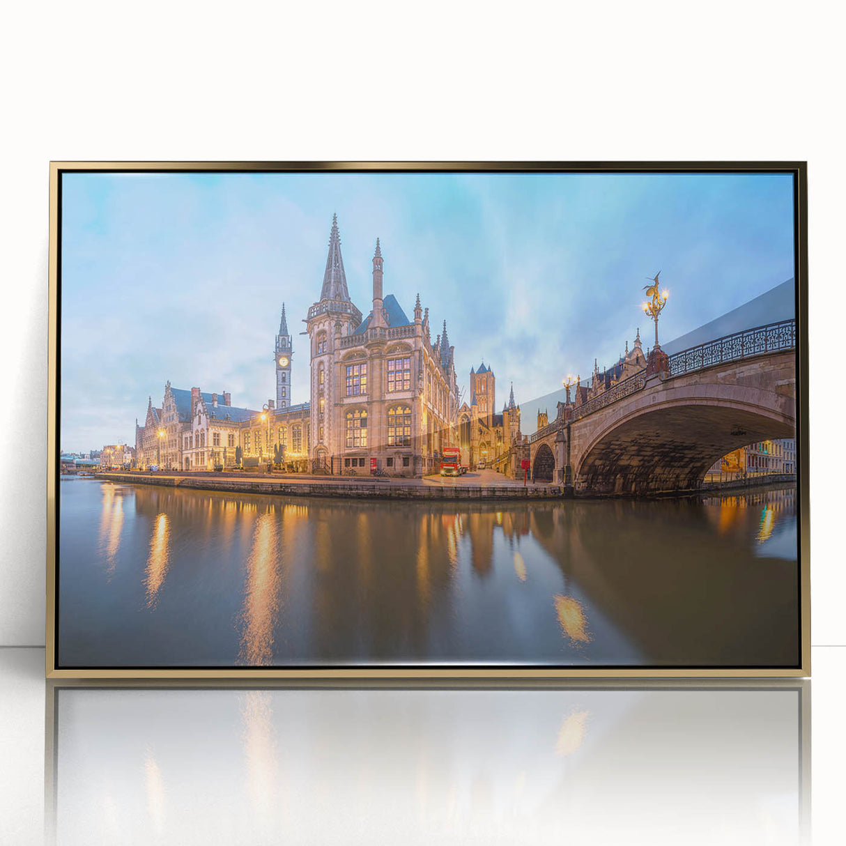 Art deco poster of a European cityscape in gold and black tones on framed acrylic, suitable for modern art wall decor.