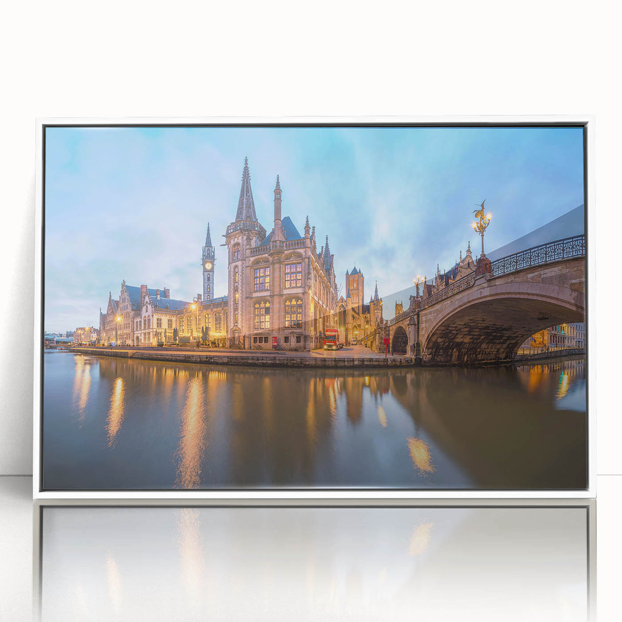 Mid-century modernist art of a European cityscape in muted gray and blue tones, acrylic print in white frame.