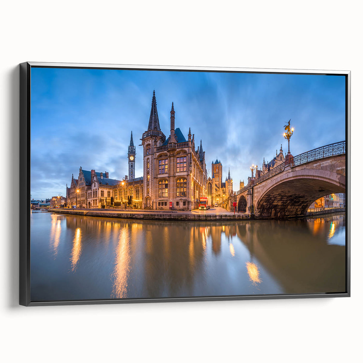 Black and white framed canvas of a vintage Belgian landscape, ideal for bedroom wall art.