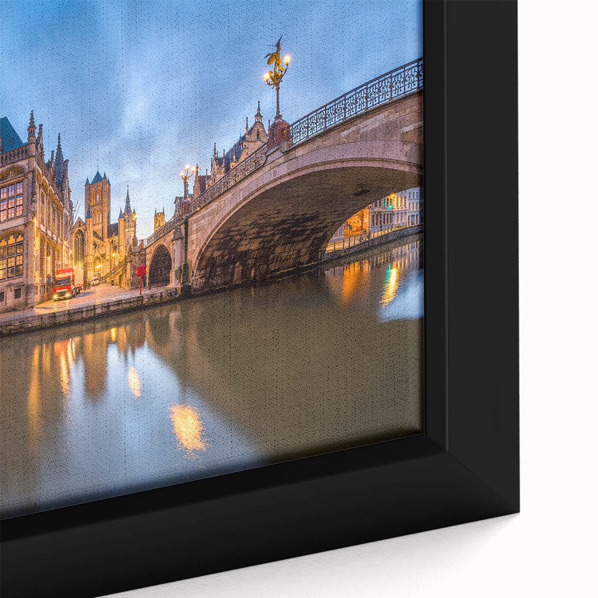 Extra large framed canvas featuring a textured black wall art scene of a European town, with vibrant colorful accents.