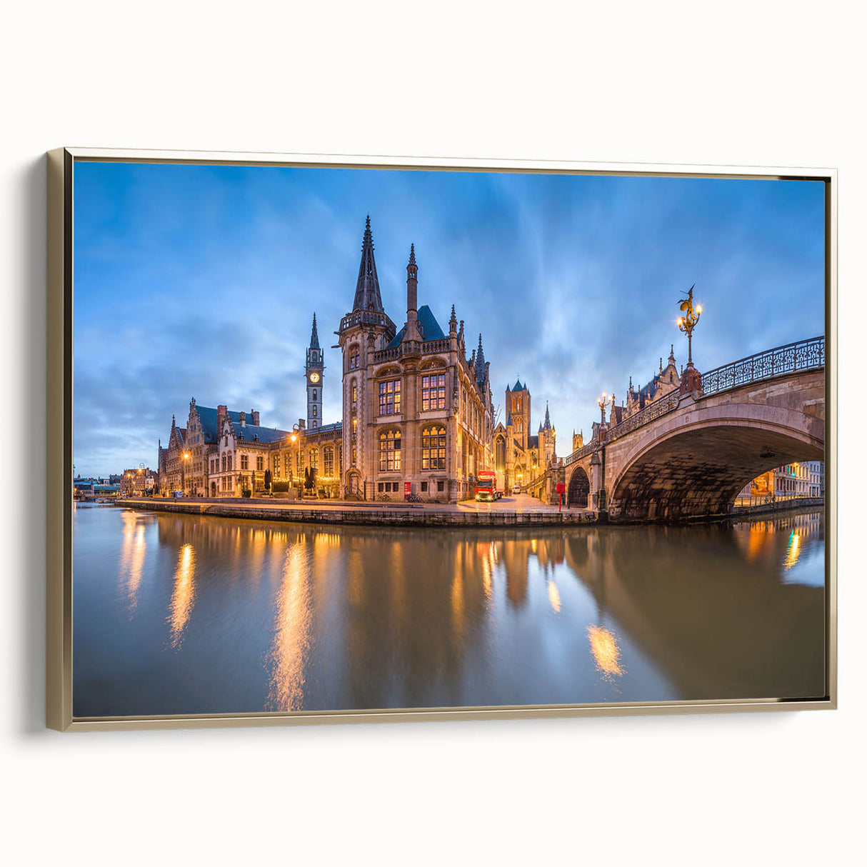 Framed canvas featuring a vintage-style landscape painting of a Belgian scenery in black and gold tones.