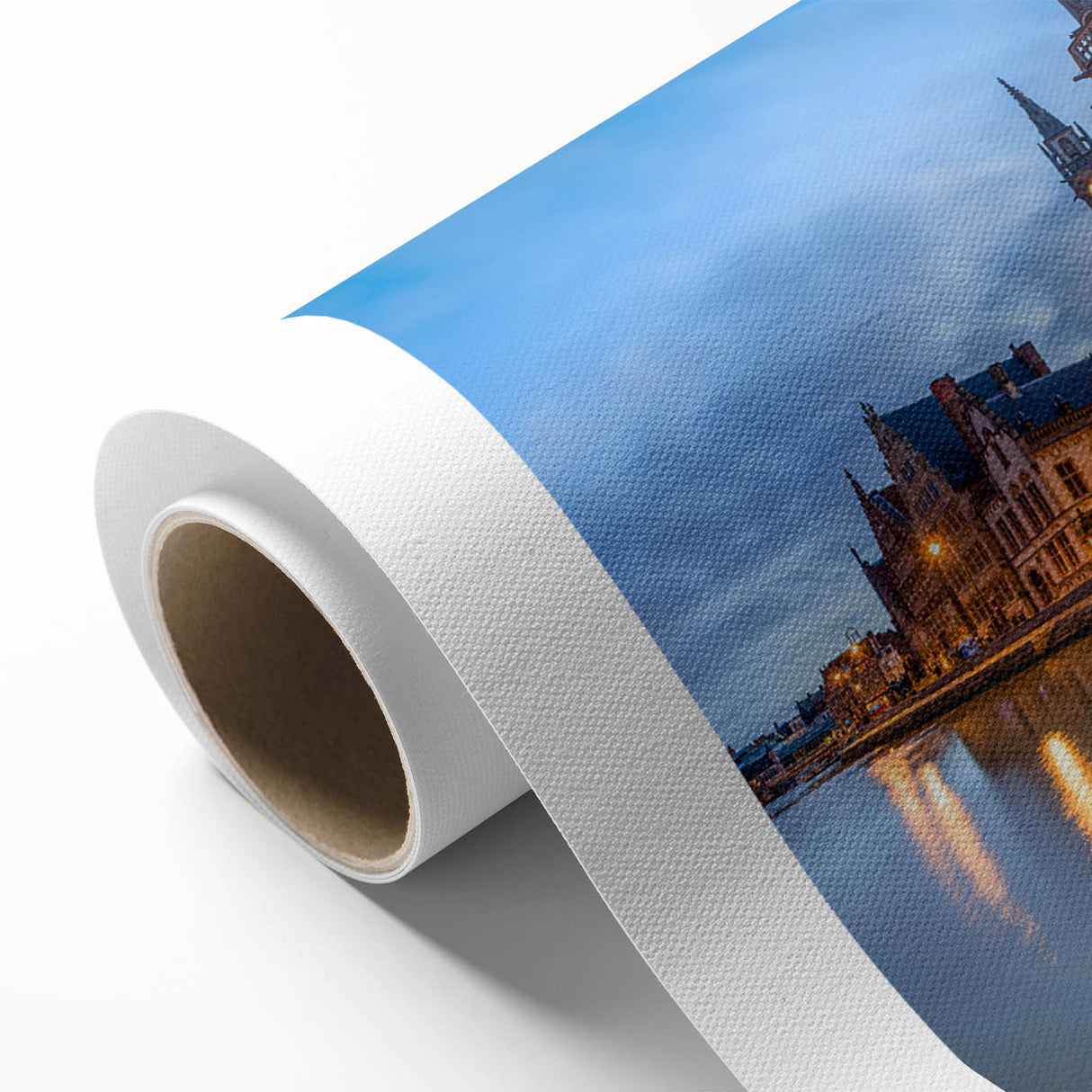 Art Deco poster of a European scenery in Belgium, rendered in soft blue and green tones on rolled canvas.