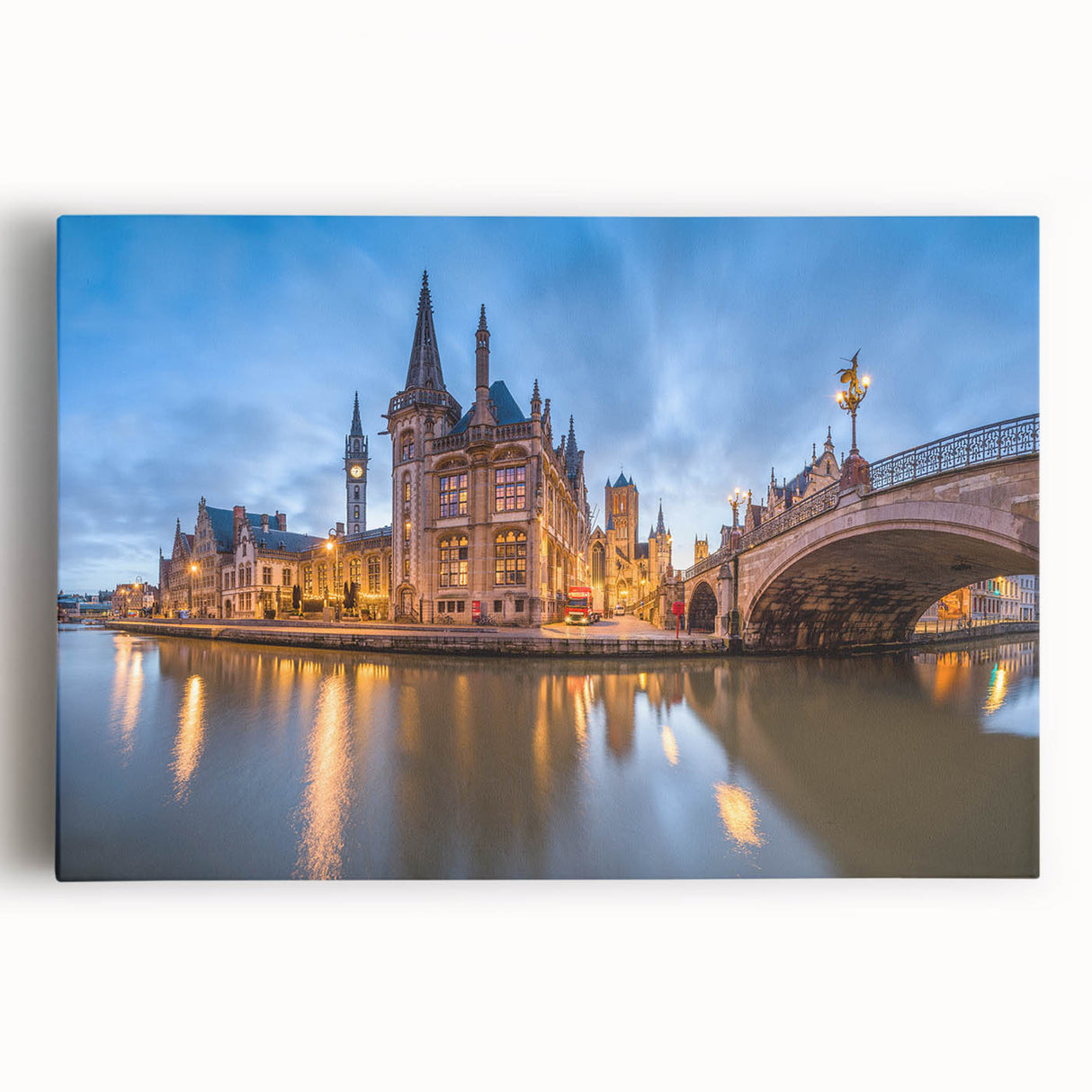 Black and white stretched canvas featuring a panoramic view of a Belgian cityscape, ideal for kitchen wall art.