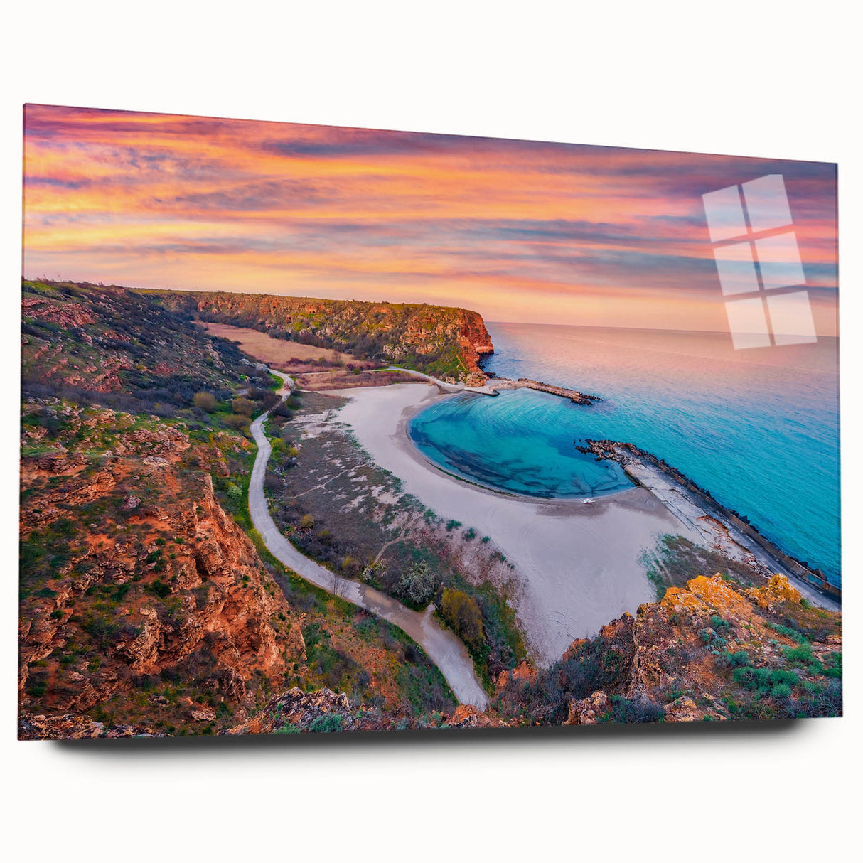 Large abstract wall art of a European scenery in muted earth tones on acrylic glass.