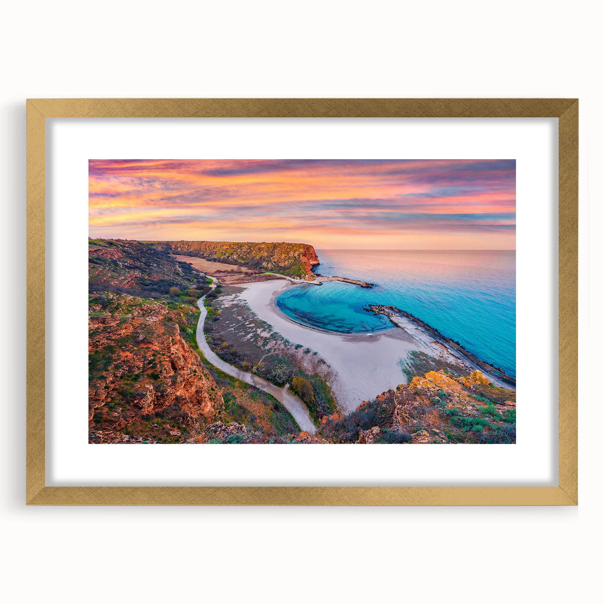 Abstract art print depicting a European landscape in muted earth tones on a framed canvas, suitable for dining room decor.