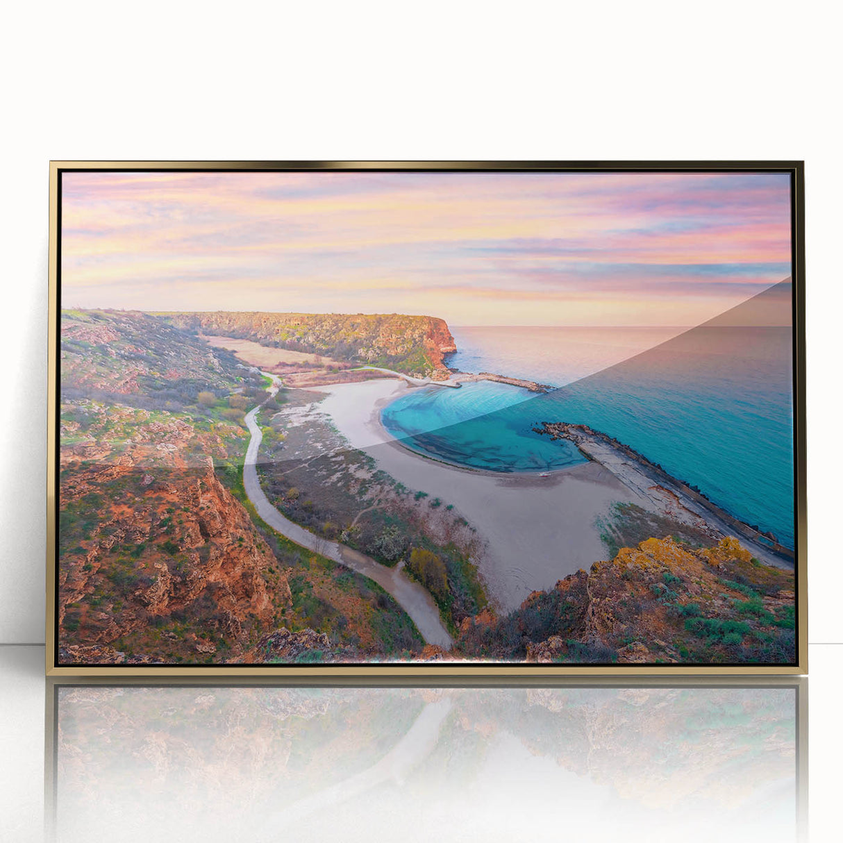 Framed acrylic print of a European Bulgarian landscape in art deco style, featuring muted earth tones.