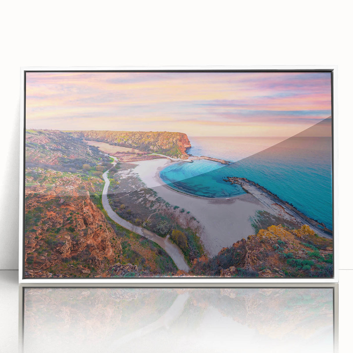 Mid-century modernist art depicting a European Bulgarian landscape in muted earth tones on a framed acrylic.