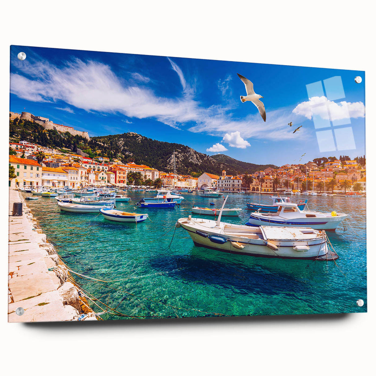 Acrylic print of a Croatian landscape in muted earth tones, ideal for dining room decor.