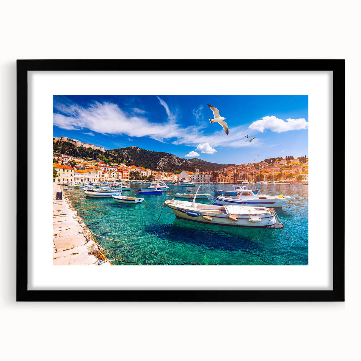 Extra large abstract art print of a colorful Croatian landscape, textured on a black framed mat, ideal for living room decor.