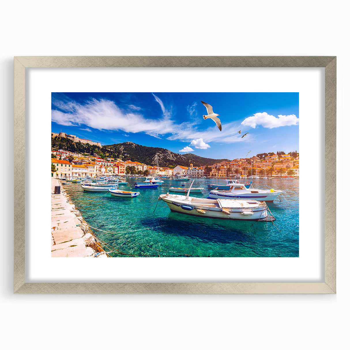 Extra large abstract art print of a European scenery in Croatia, using textured techniques in muted earth tones.