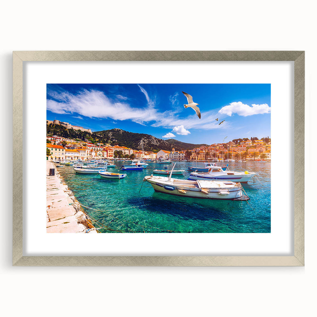 Extra large abstract art print of a European scenery in Croatia, using textured techniques in muted earth tones.