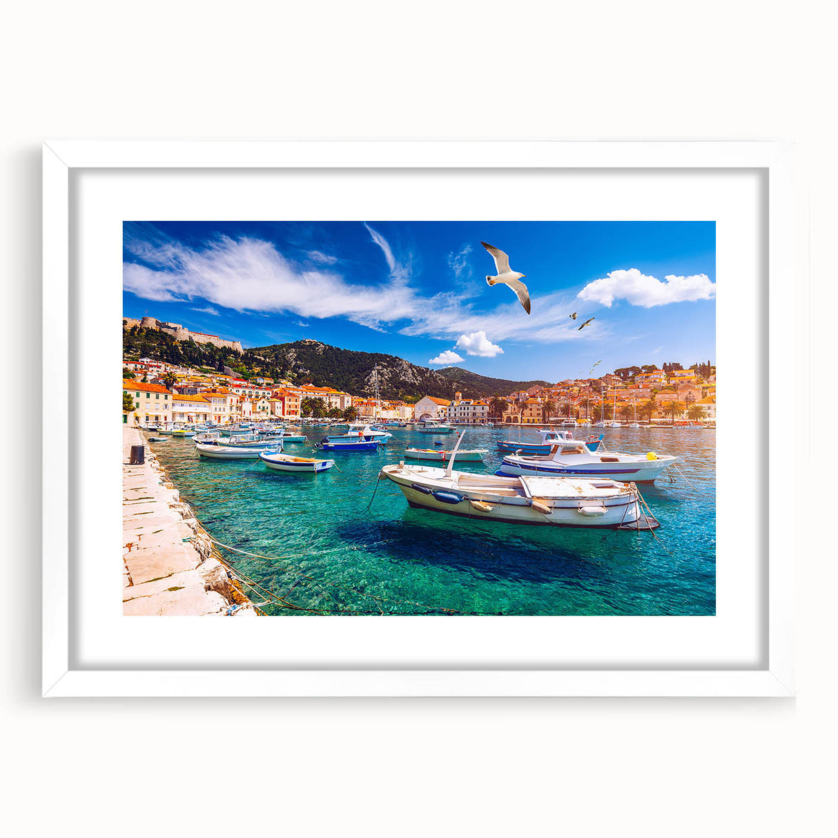 Textured abstract art print of a European Croatian scenery in a white frame, ideal for bedroom art.