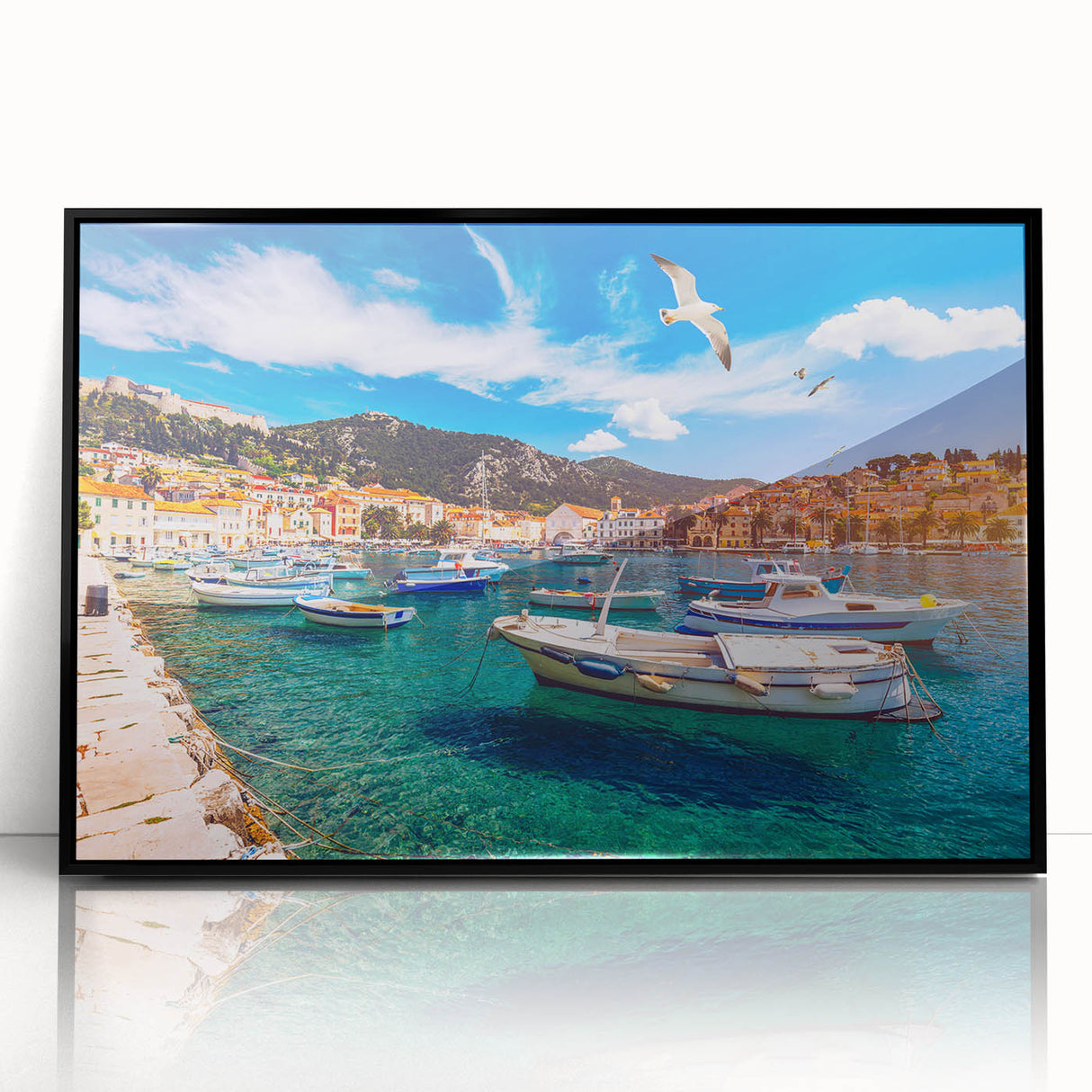 Large abstract wall art depicting a European Croatian landscape in muted earth tones, framed in black acrylic.