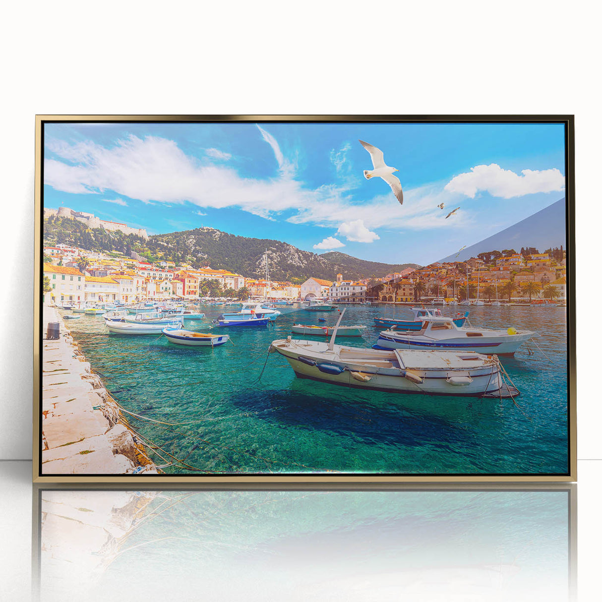 Art deco poster of a Croatian landscape in muted gold and blue tones, acrylic print framed.