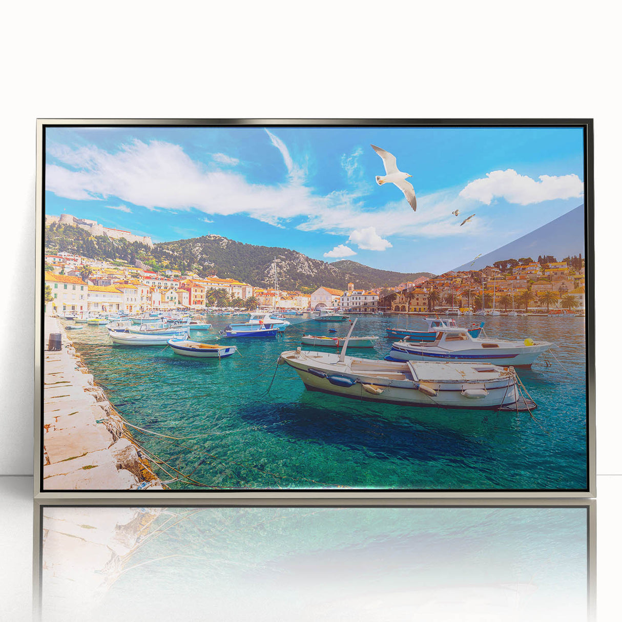 Large art print of a Croatian landscape in muted earth tones on framed acrylic, suitable for modern art wall decor.