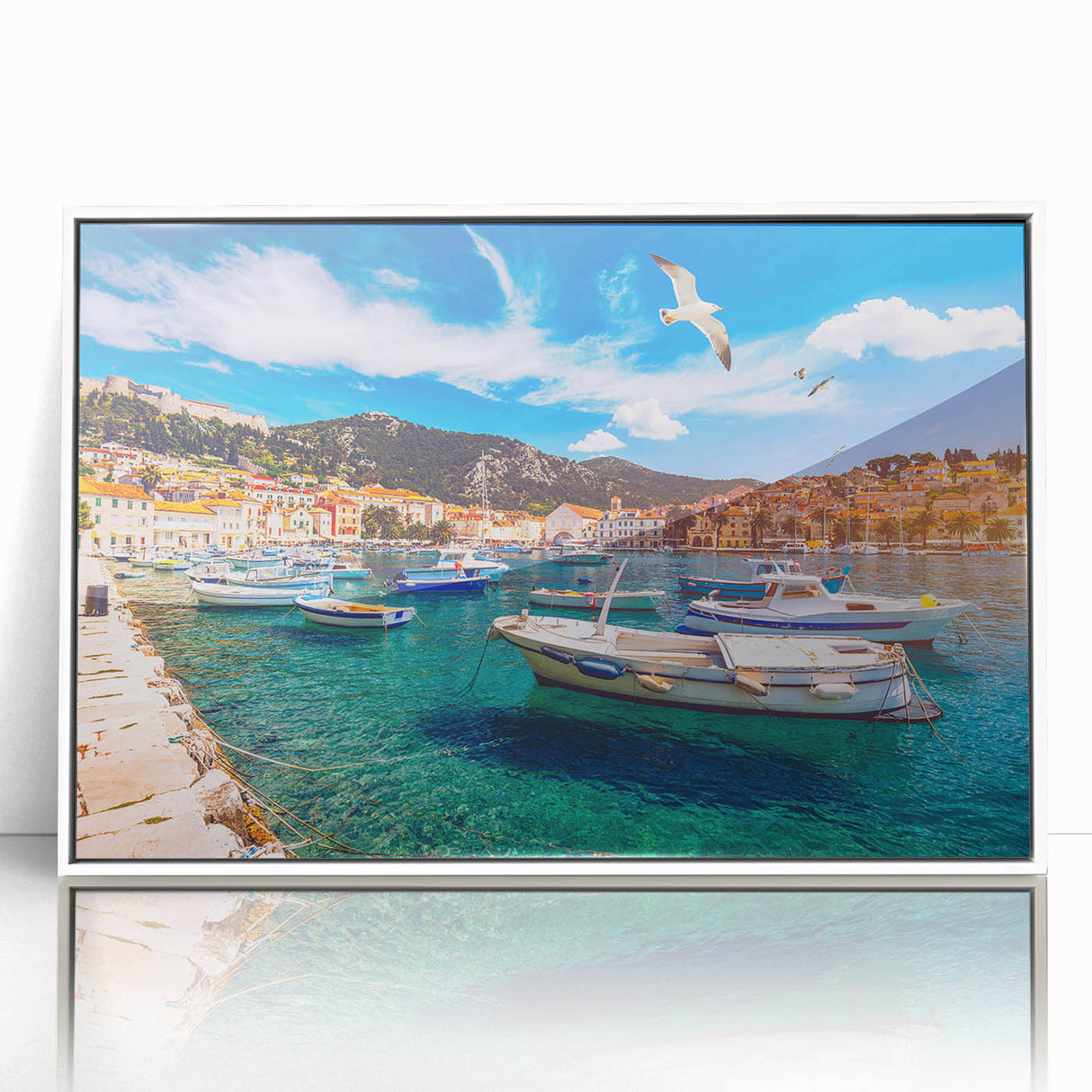 Mid-century modernist art depicting a European Croatian landscape in muted earth tones on a framed acrylic.