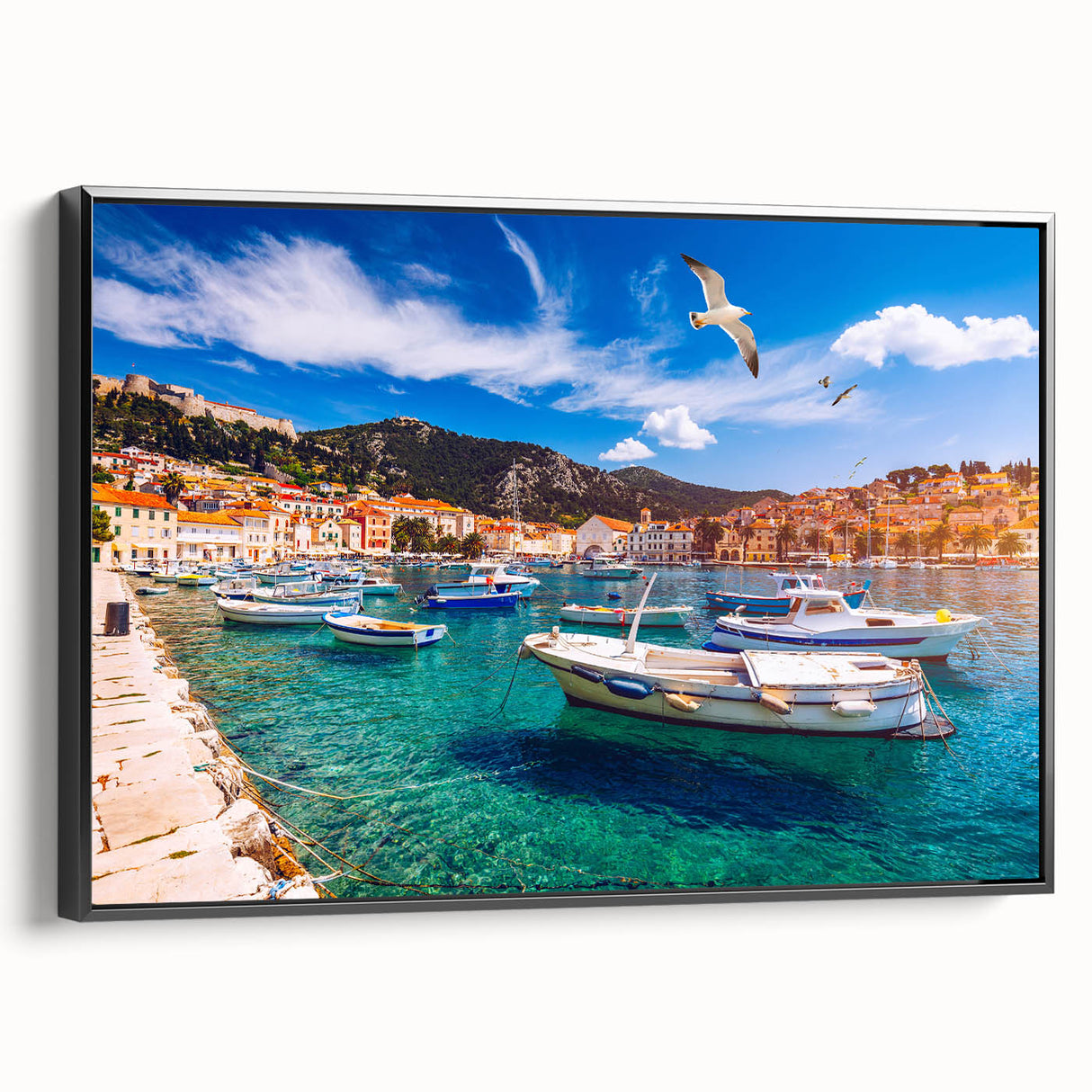 Black and white framed canvas of a Croatian landscape, featuring vintage poster art style, ideal for bedroom wall decor.