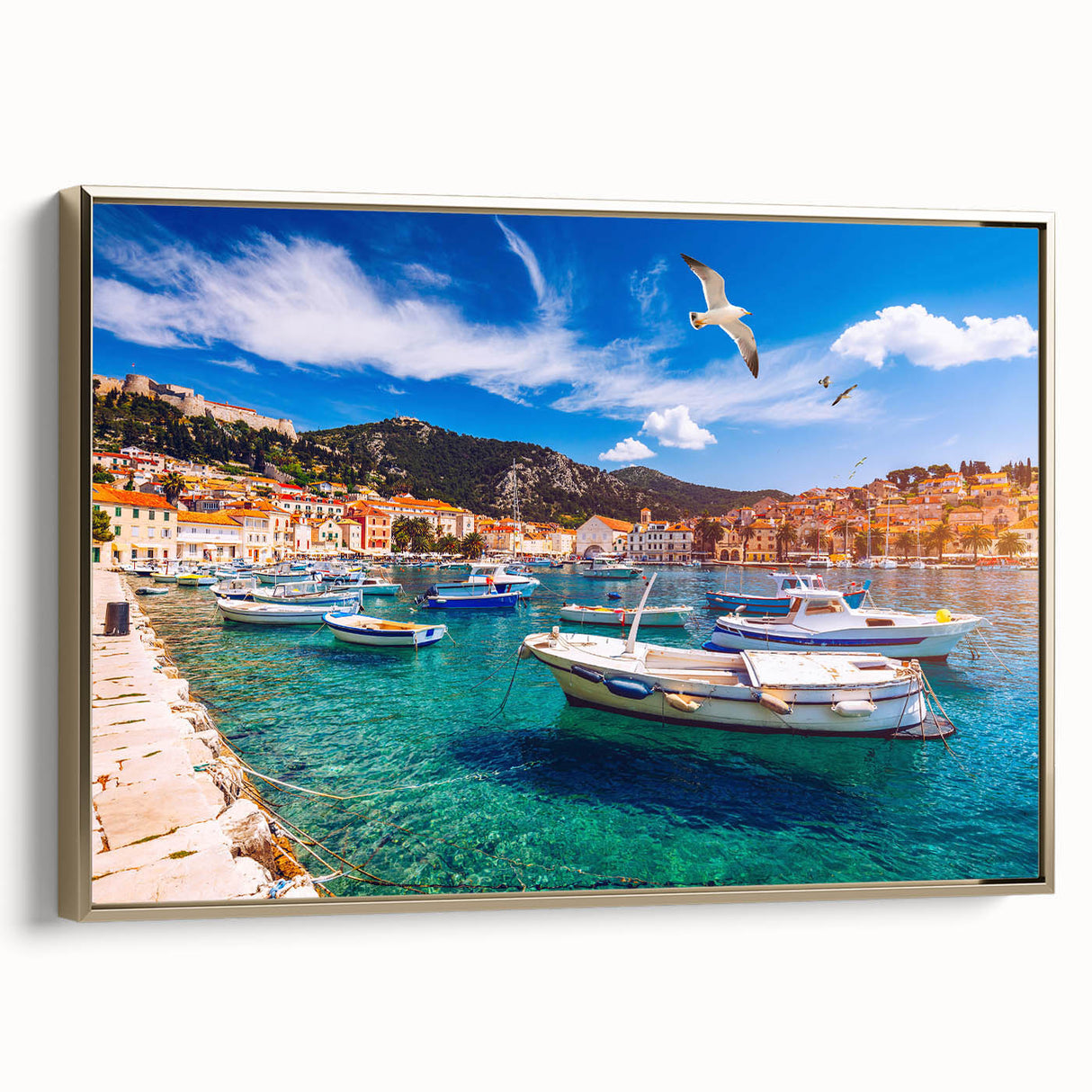 Framed canvas wall art depicting a vintage-style Croatian landscape in muted earth tones, ideal for bedroom decor.