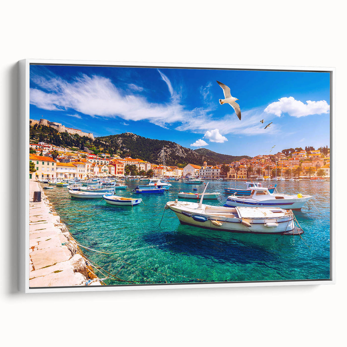 Vintage poster art of a scenic Croatian landscape on a framed canvas, featuring a mix of vibrant and muted colors.