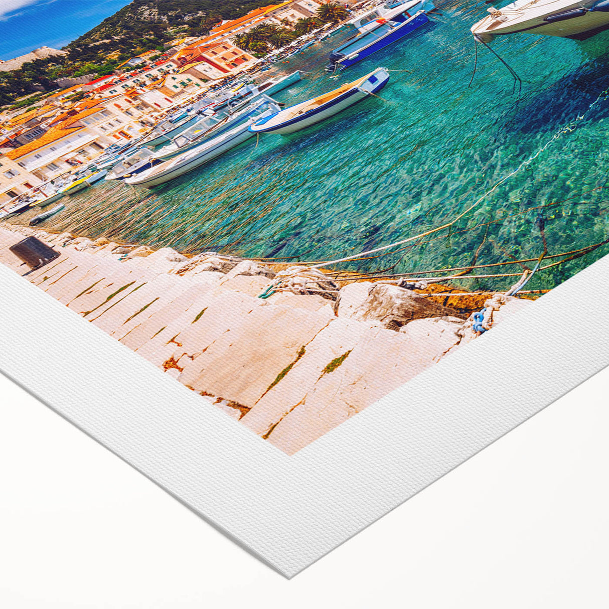 Art deco poster of a coastal Croatian landscape on rolled canvas, suitable for dining room decor.