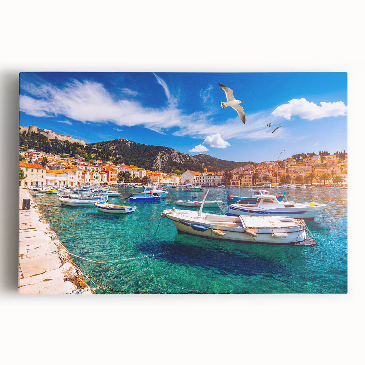 Black and white photograph of a European Croatian landscape on stretched canvas, ideal for kitchen wall art.