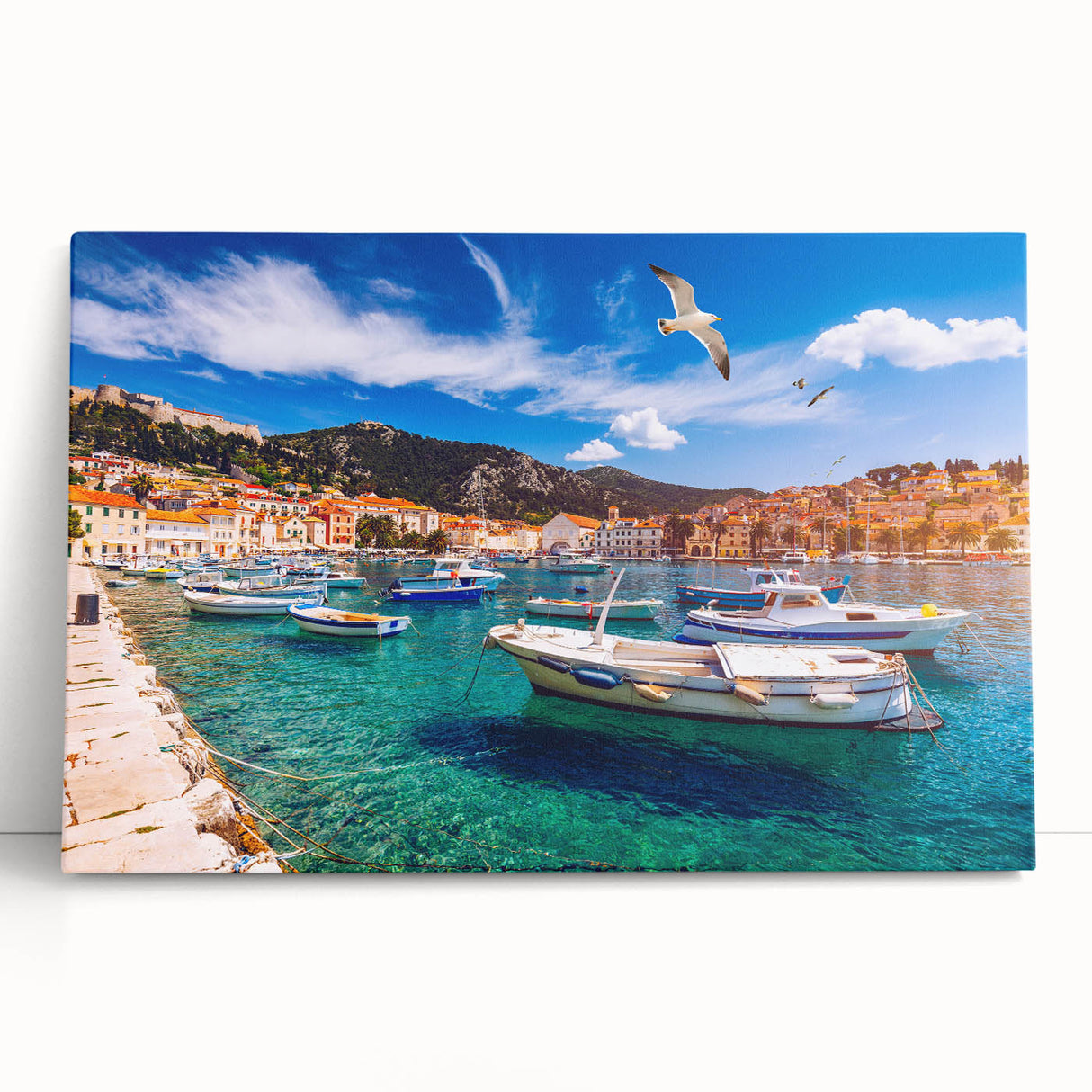 Black and white stretched canvas featuring a large scenic view of a Croatian landscape, ideal for kitchen wall art.