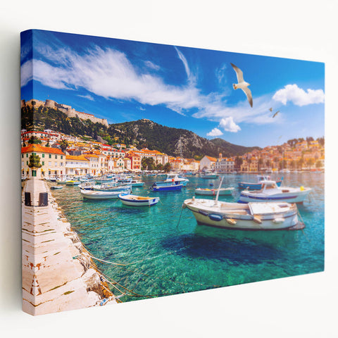 Scenic Croatian landscape on stretched canvas, featuring vivid blue and green tones, ideal for kitchen wall art.
