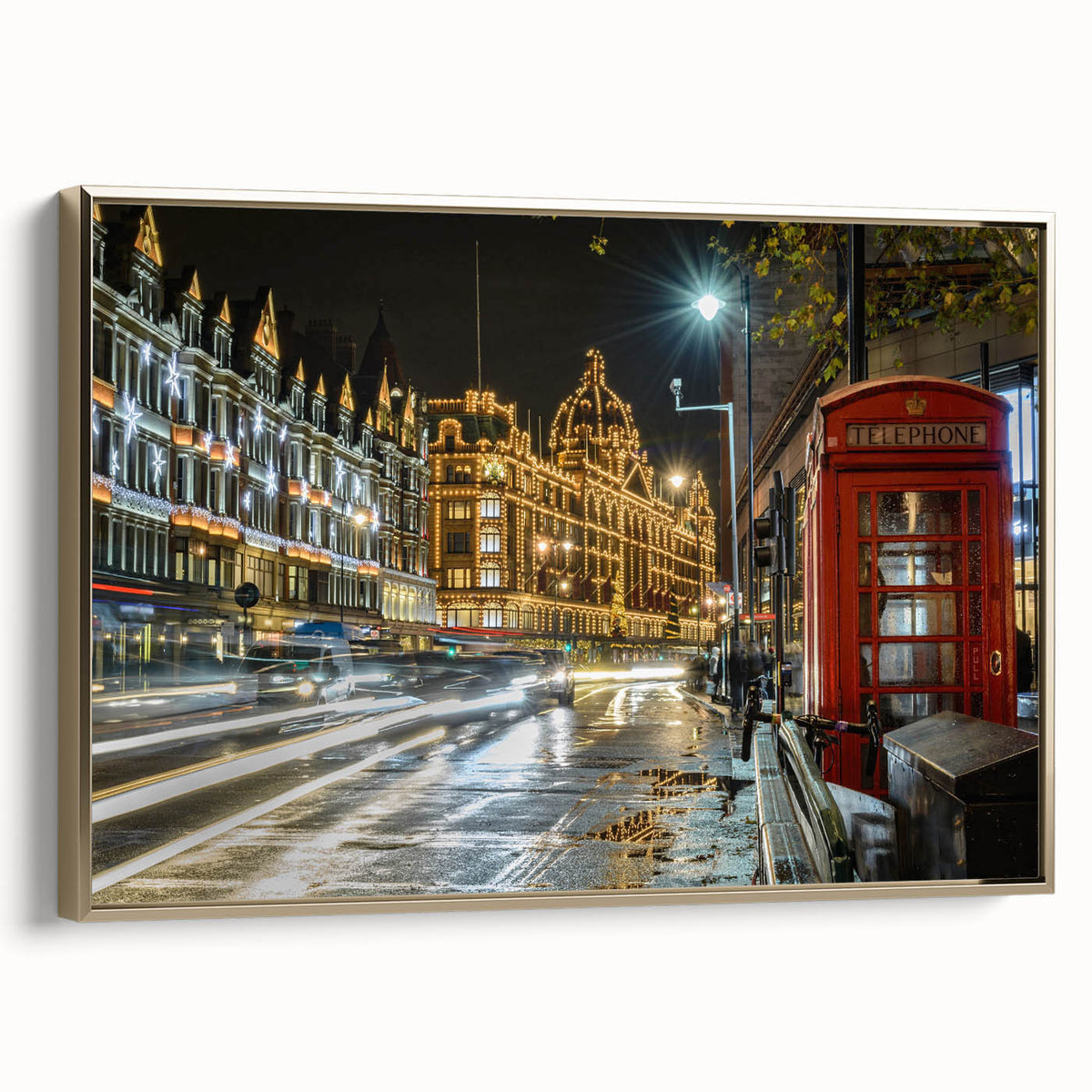 Vintage poster art of London landscape on framed canvas, featuring black and gold tones, ideal for bedroom wall decor.