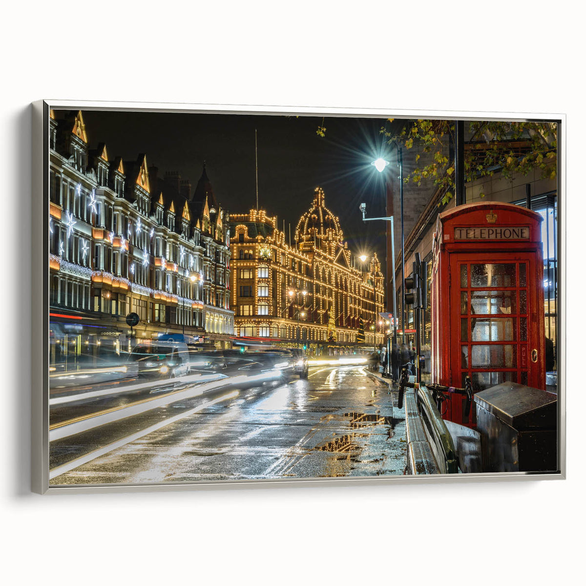 Framed canvas featuring a colorful vintage London landscape, ideal for adding a cultural touch to any living space.