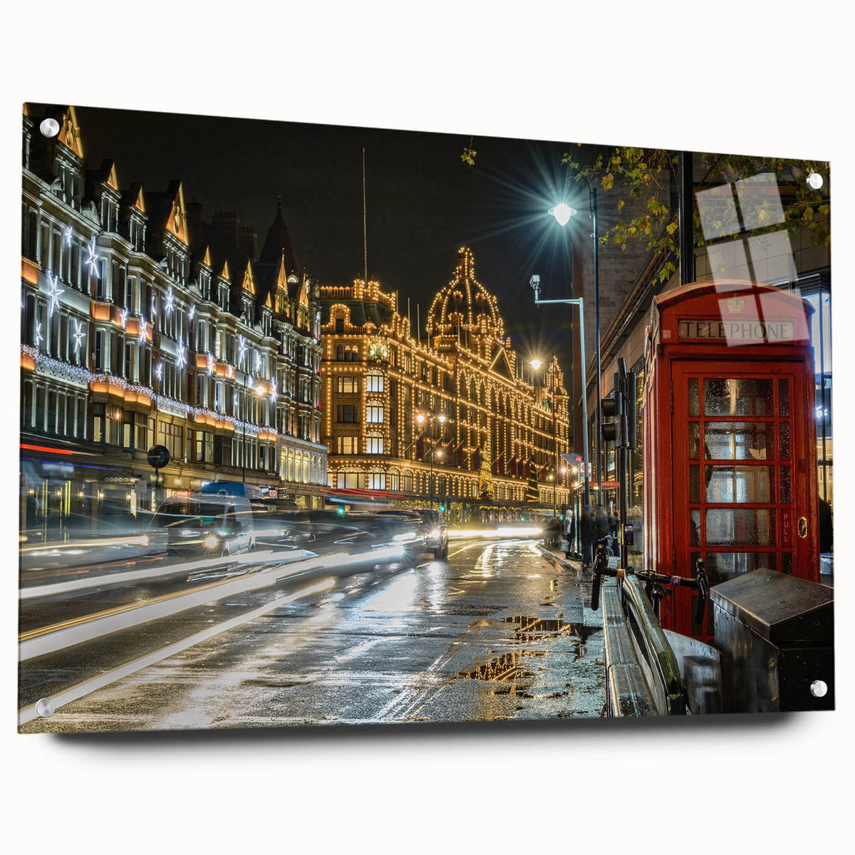 Acrylic print of a large abstract depiction of the London skyline in muted blue and gray tones.