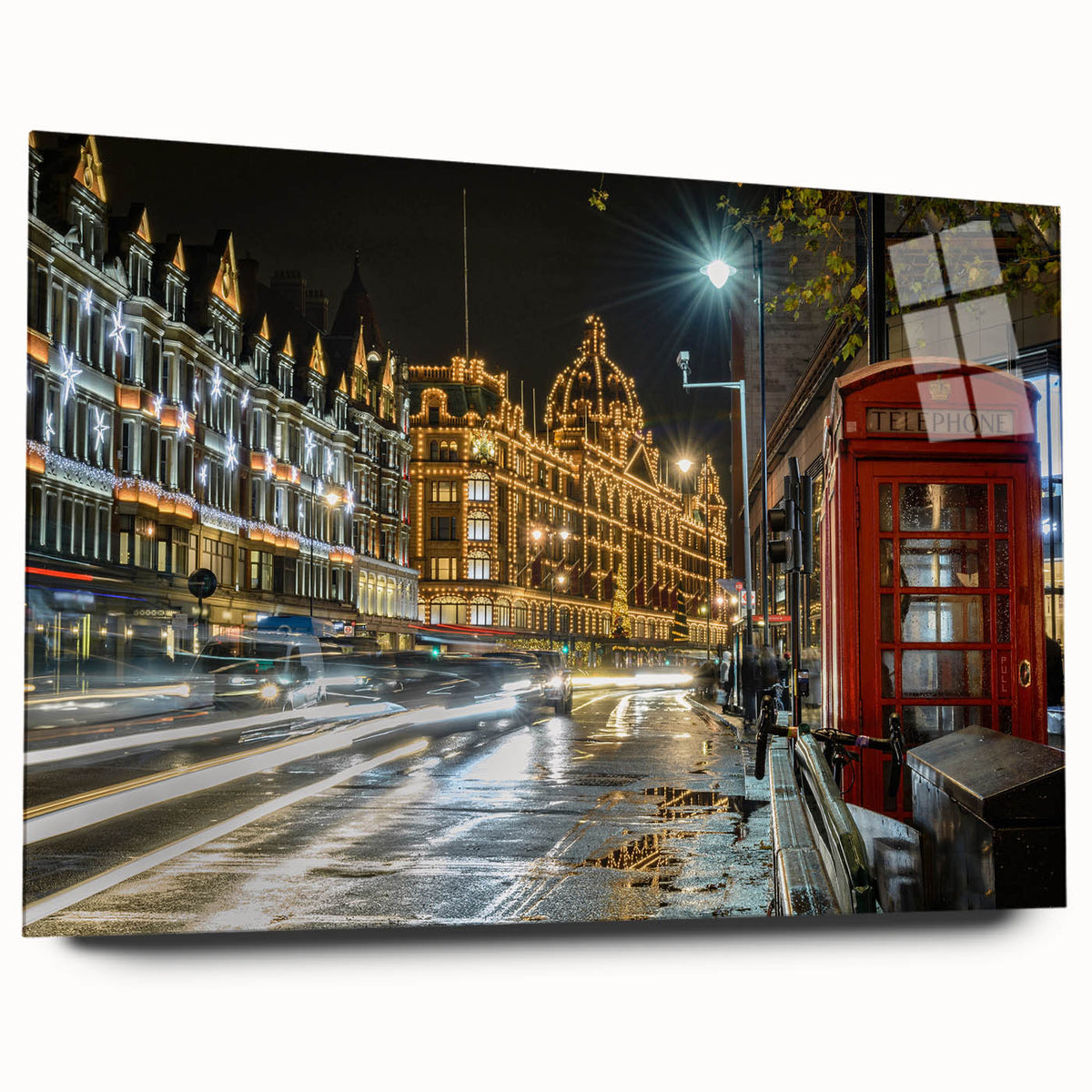 Large abstract depiction of the London skyline in muted blue and gray tones on acrylic glass.