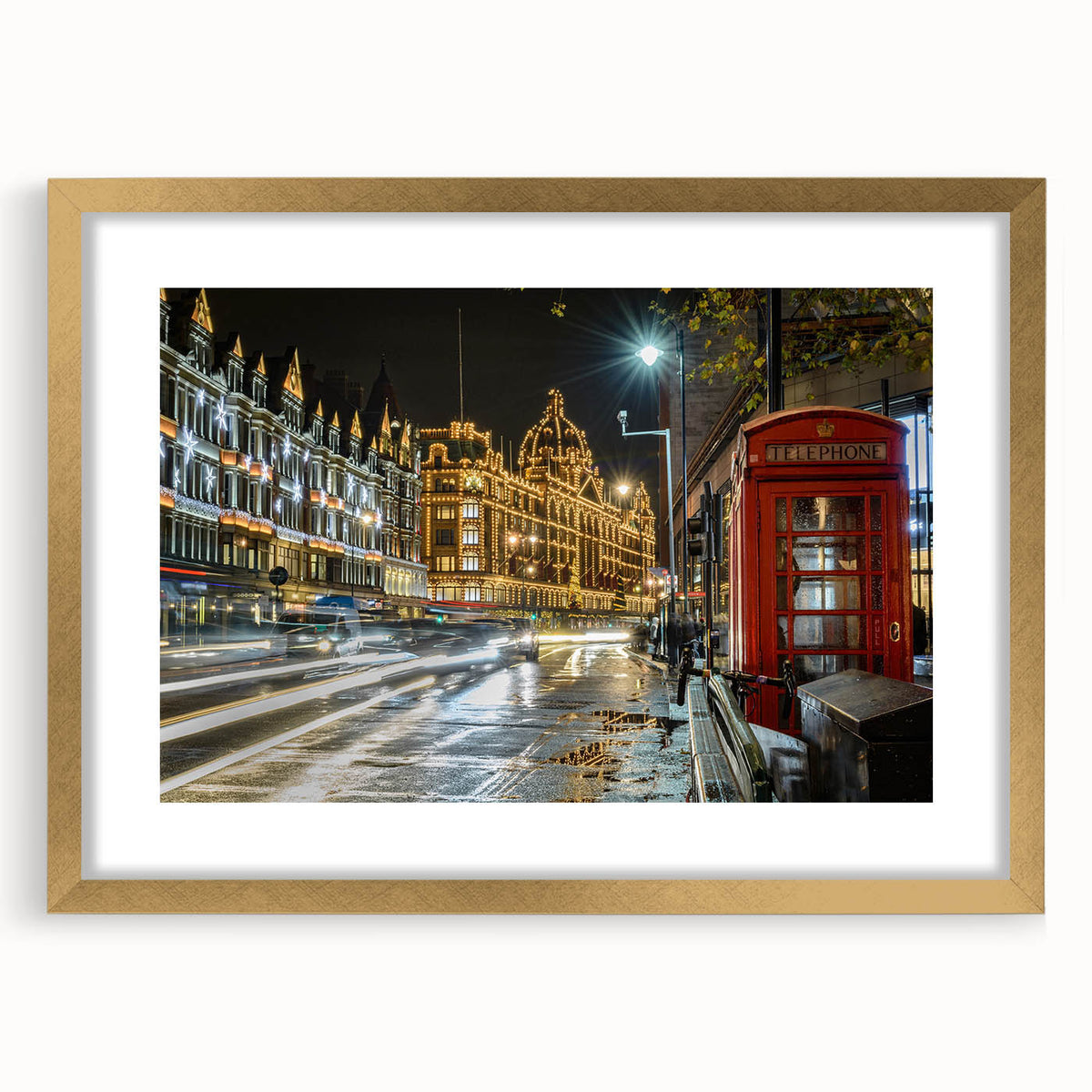 Extra large abstract art print of London scenery in gold frame, ideal for living room decor.