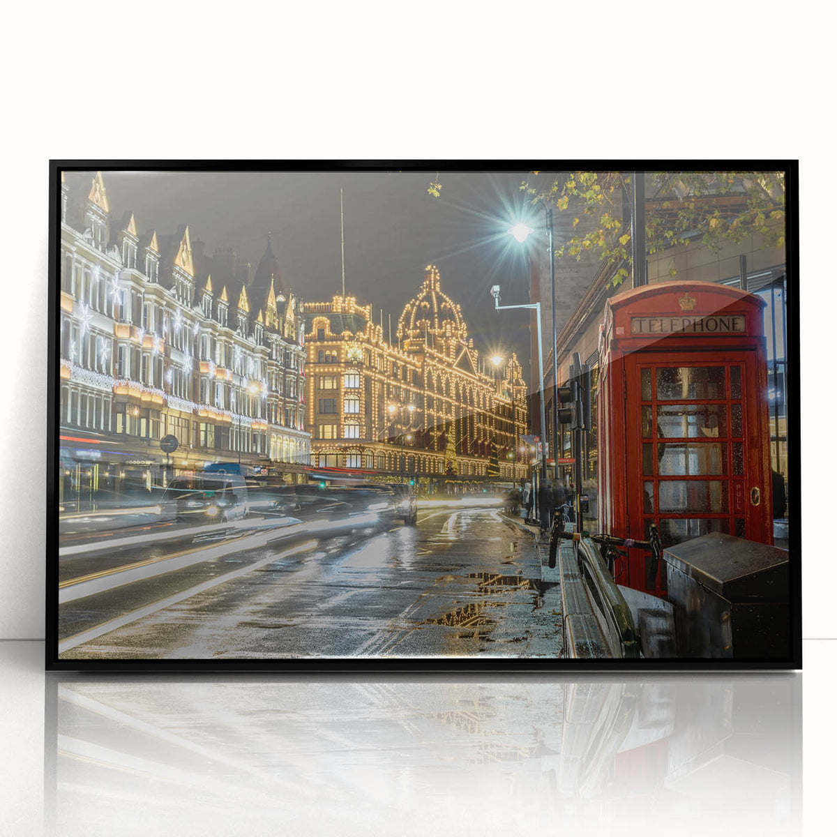 Large abstract wall art depicting London's skyline in muted gray and blue tones, framed in black acrylic.