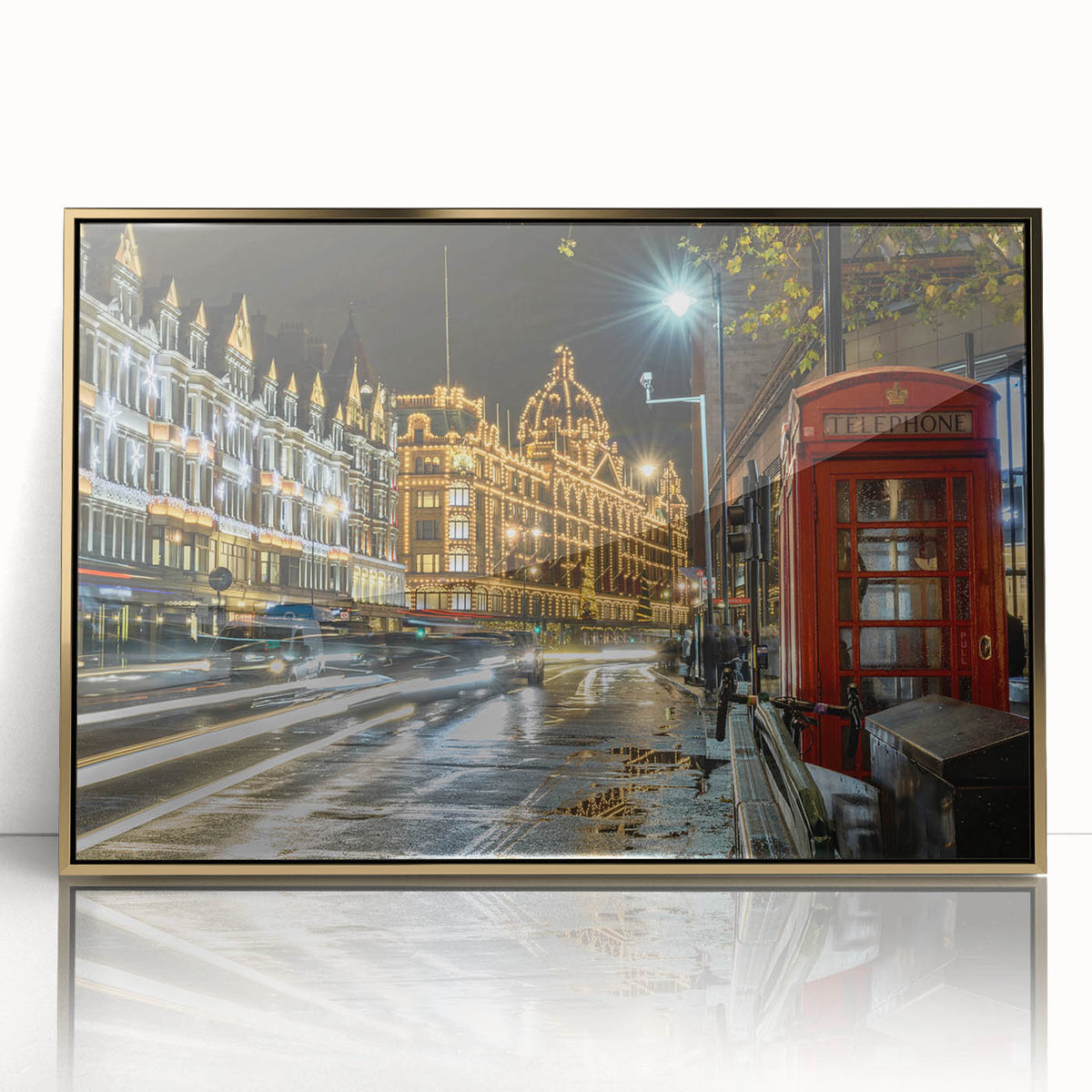 Acrylic print of London scenery in art deco style, featuring gold and black tones, ideal for modern art wall decor.