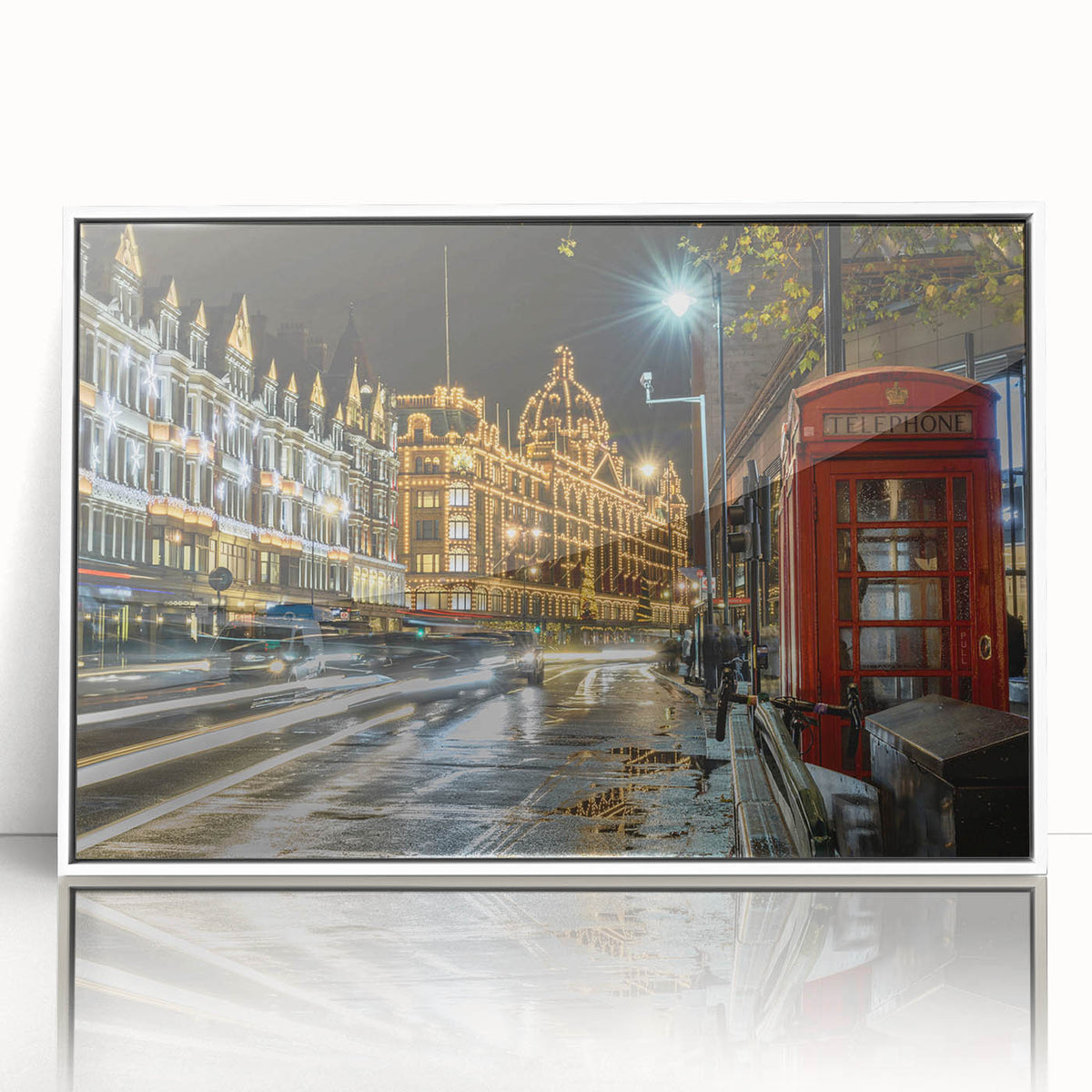 Mid-century modernist art depicting London's iconic landmarks in muted colors on a framed acrylic.