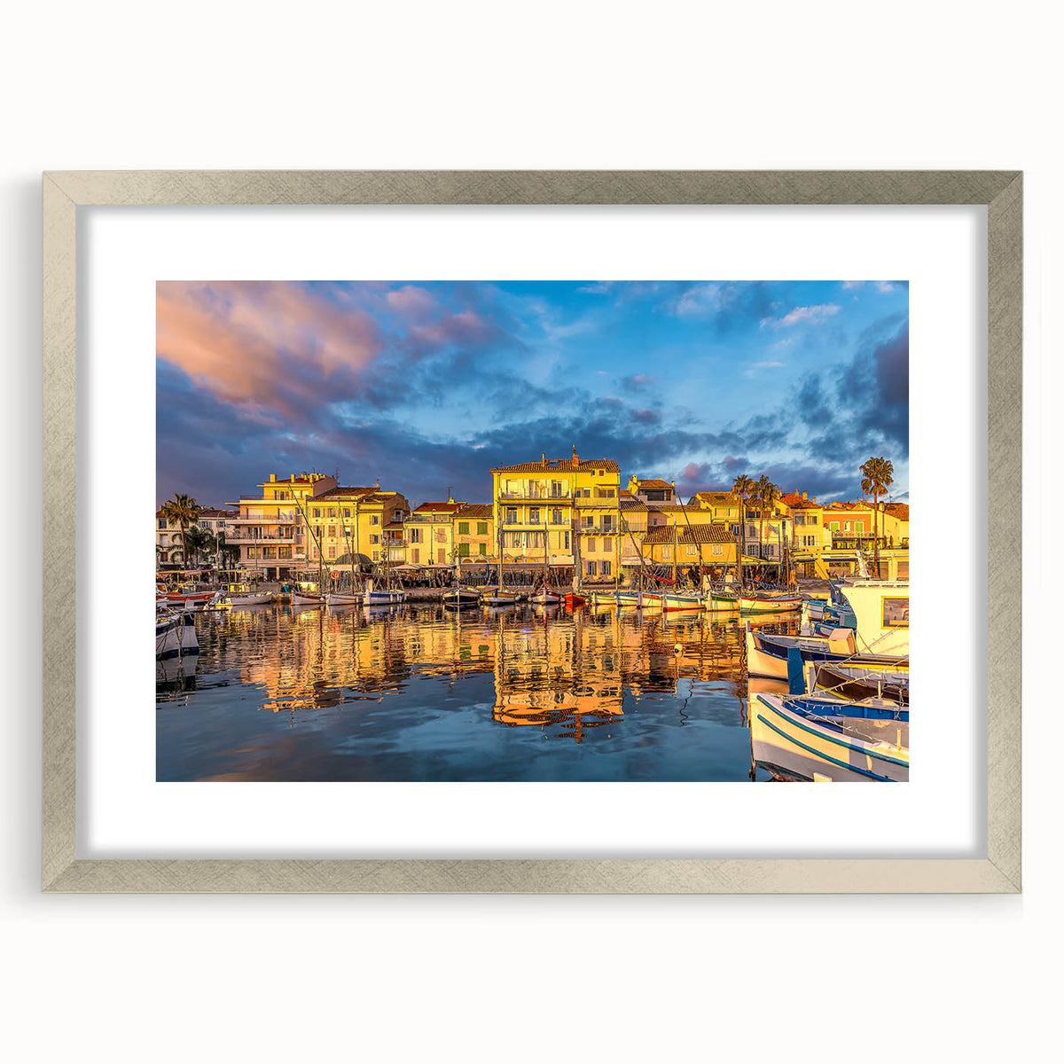 Extra large abstract art print of a textured South France scenery in muted earth tones, framed in silver.