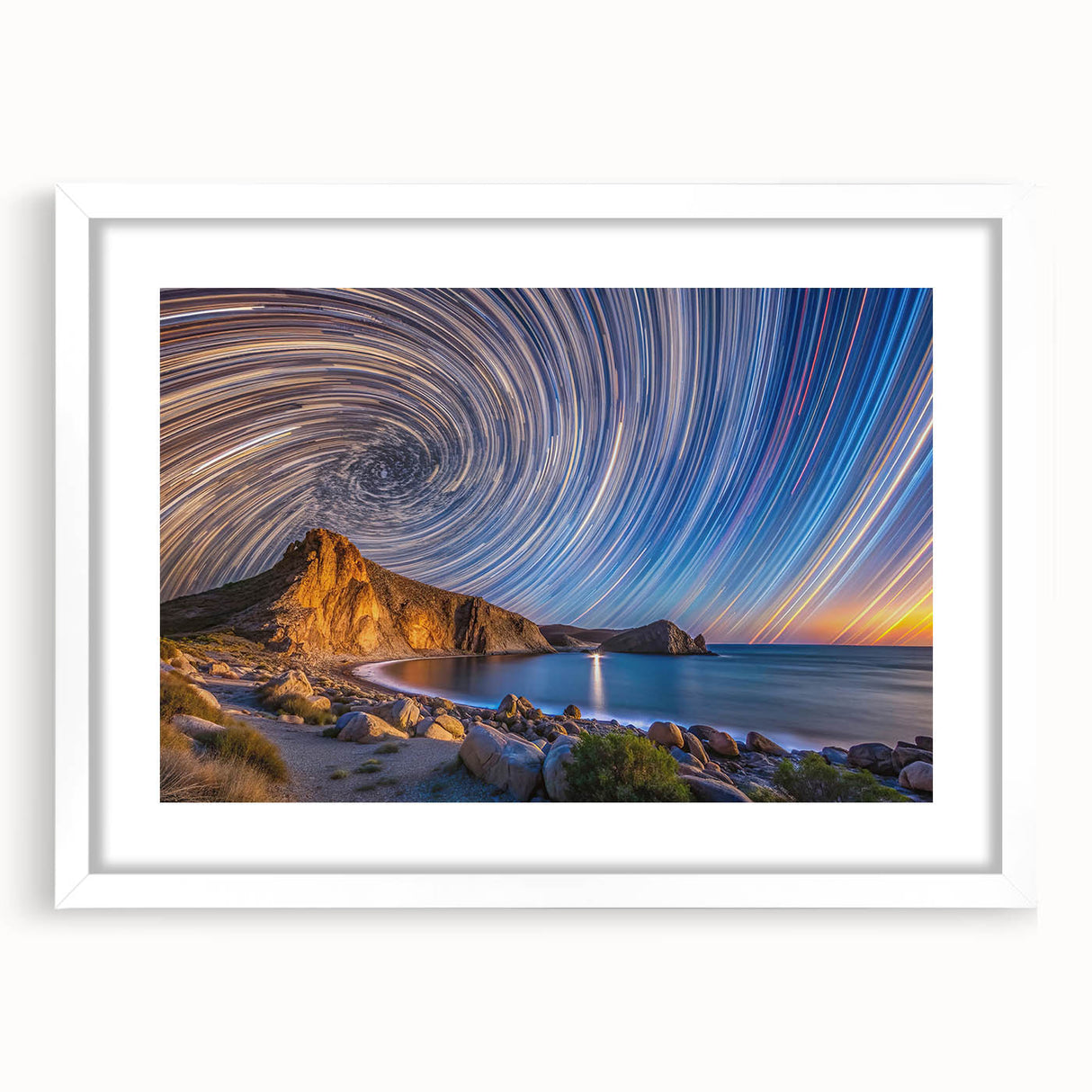 Abstract art print of Baja California scenery in muted earth tones, framed with a white mat, suitable for dining room decor.