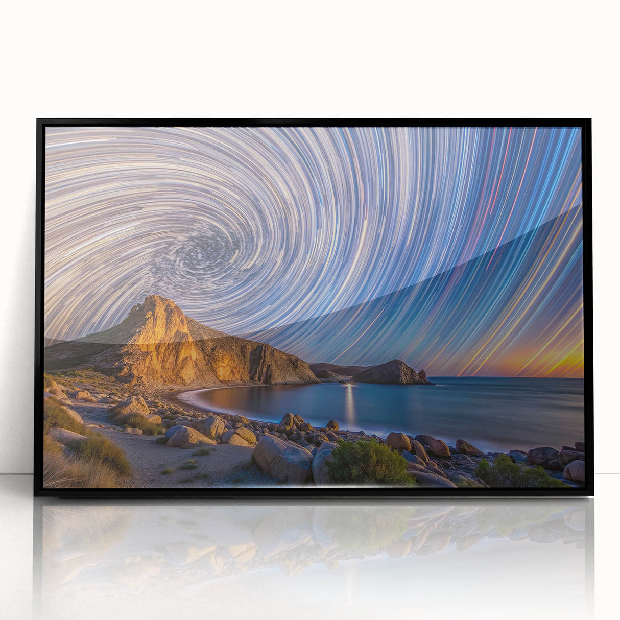 Large abstract wall art featuring a stylized Baja California scenery in muted earth tones, framed in black acrylic.