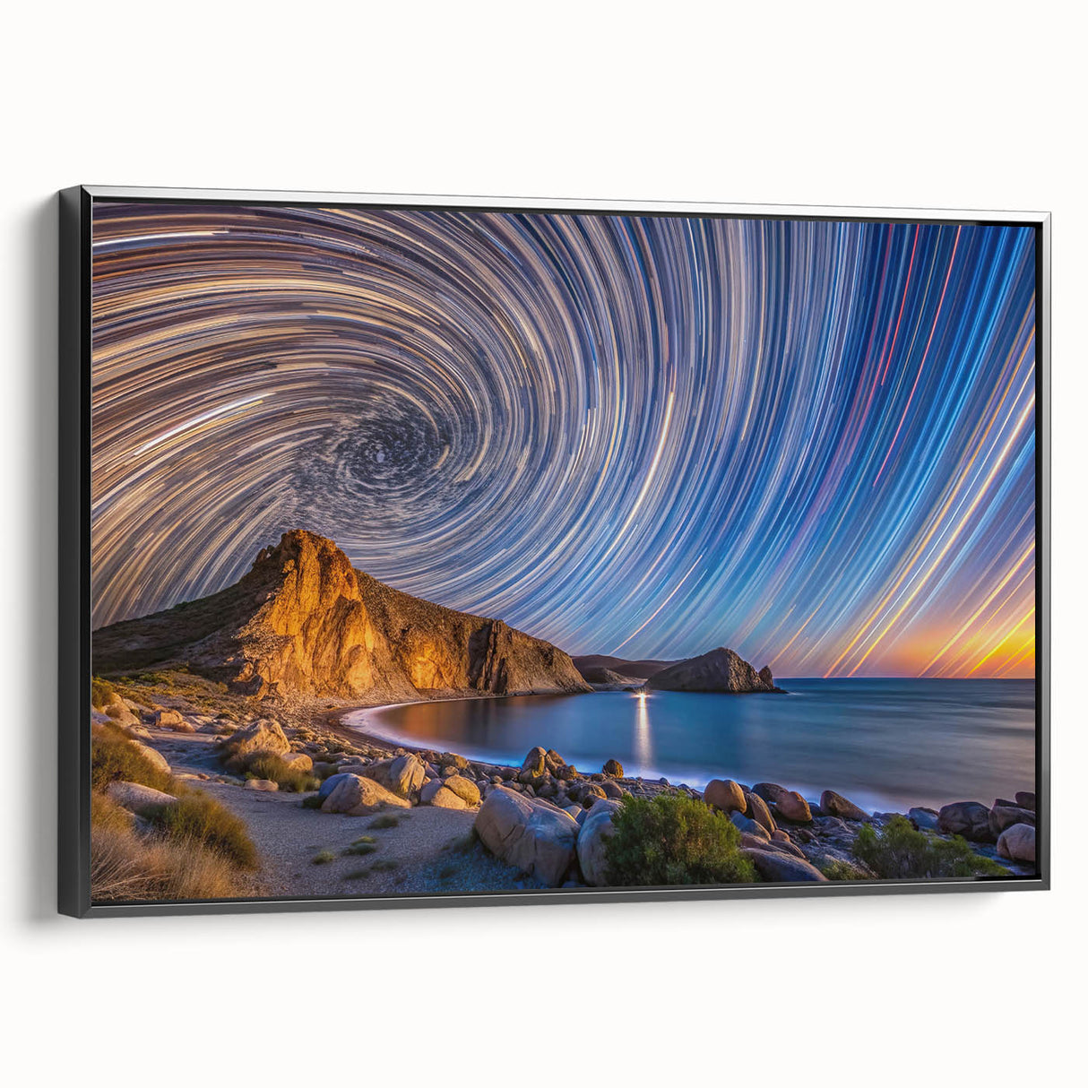 Black and white framed canvas of Baja California landscape, ideal for bedroom wall decor.