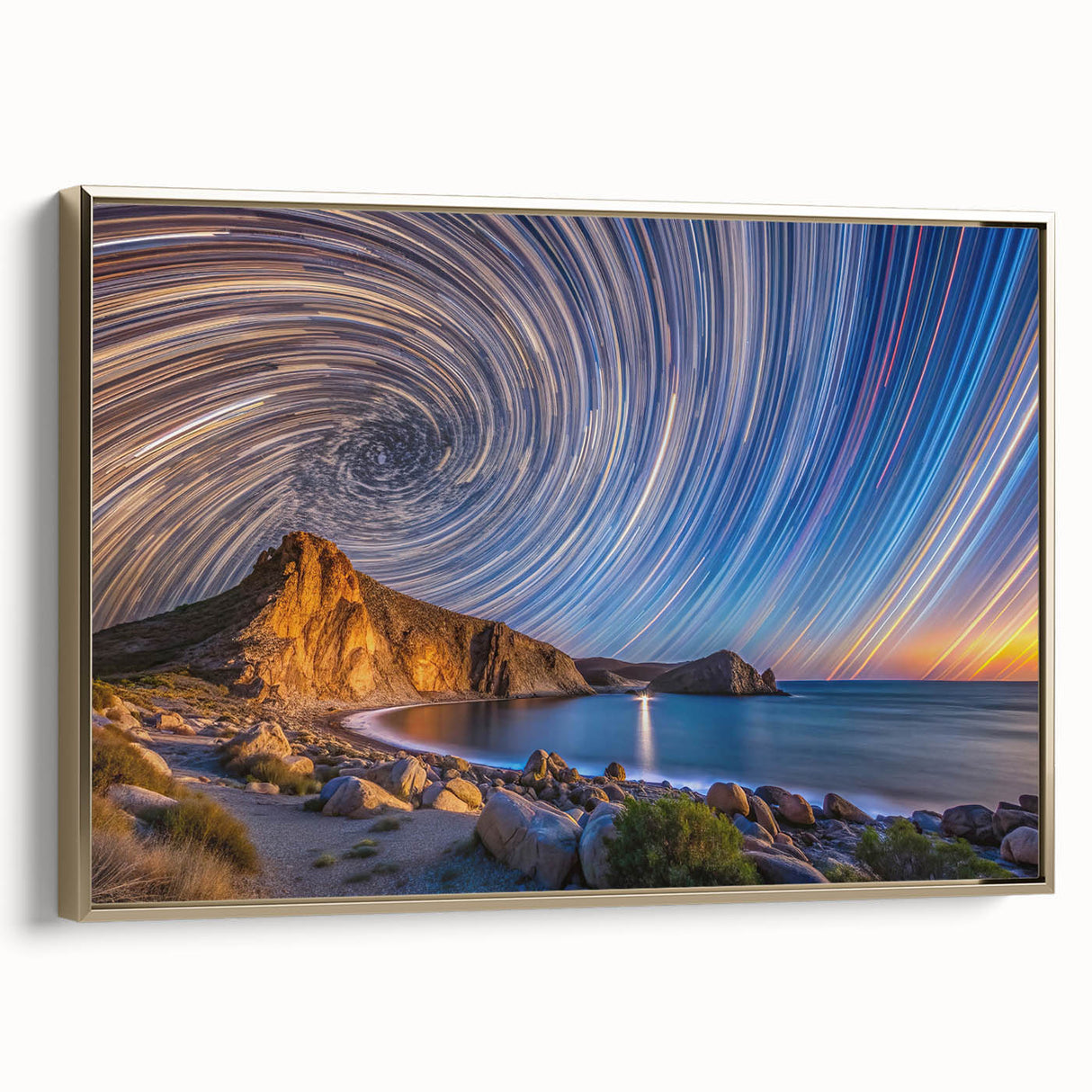 Framed canvas depicting a vintage-style landscape of Baja California in black and gold tones, ideal for bedroom wall art.