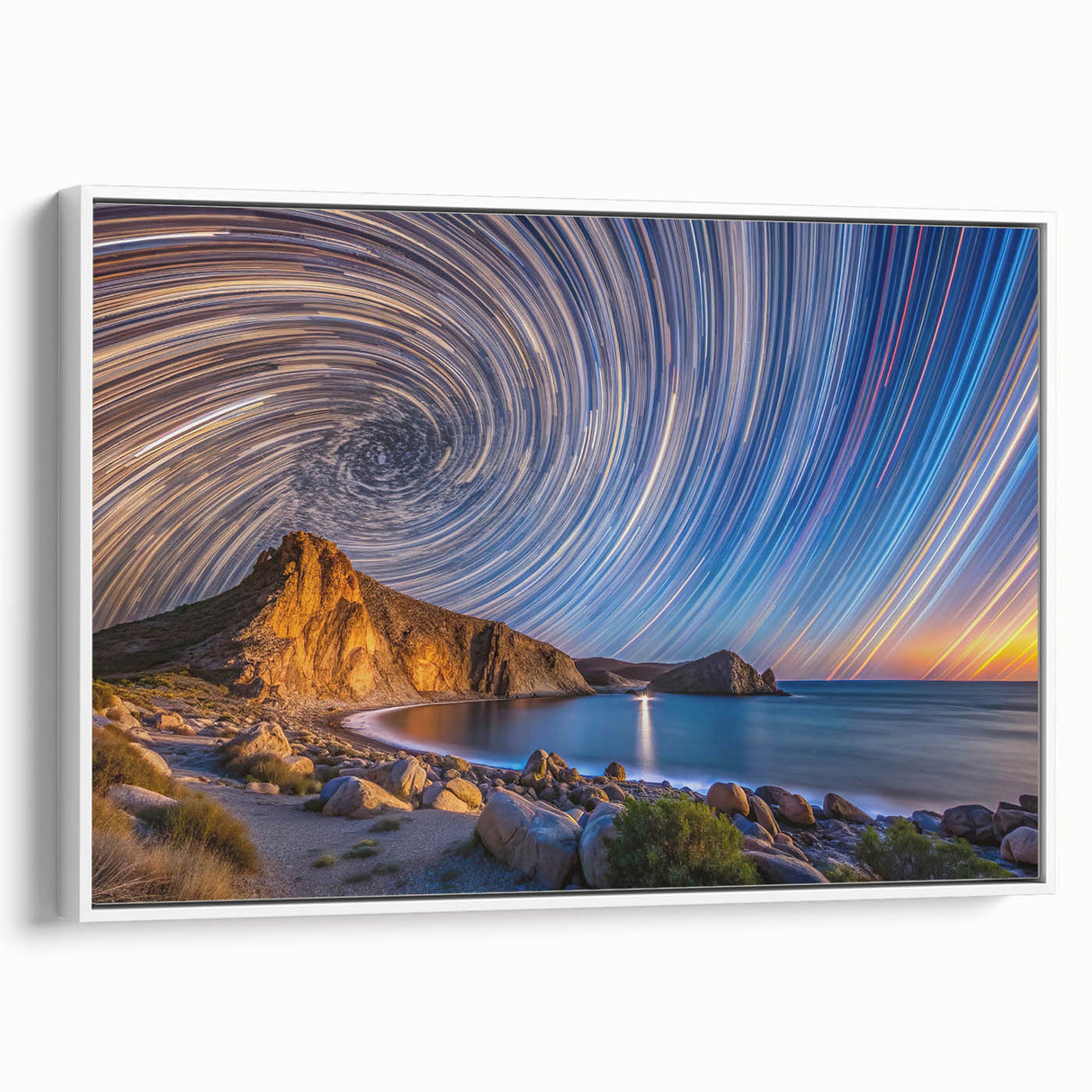Framed canvas of vintage poster art depicting Baja California scenery in vibrant colors, ideal for living room decor.