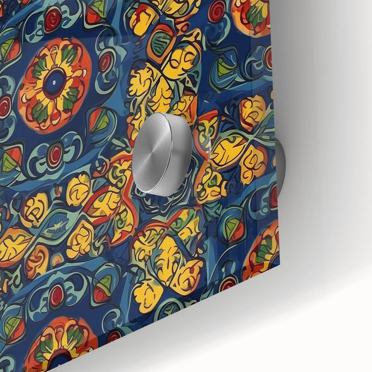 Mid-century modernist abstract representation of Oaxaca scenery in vibrant earth tones on large acrylic glass.