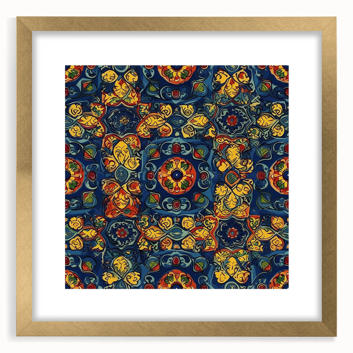 Extra large abstract art print depicting a textured scenery of Oaxaca, with vibrant earth tones, framed in gold.