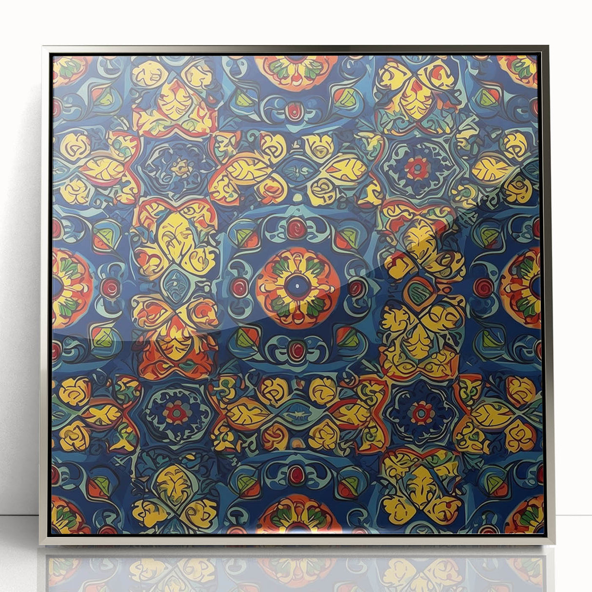 Mid-century modernist art featuring a scenic view of Oaxaca, Mexico, in muted earth tones on a silver-framed acrylic print.