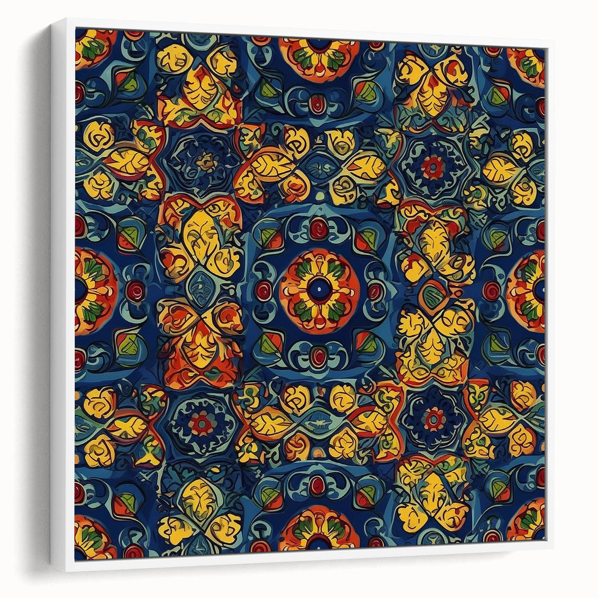 Vintage poster art of Oaxaca scenery on a framed canvas, featuring colorful art on a black background.