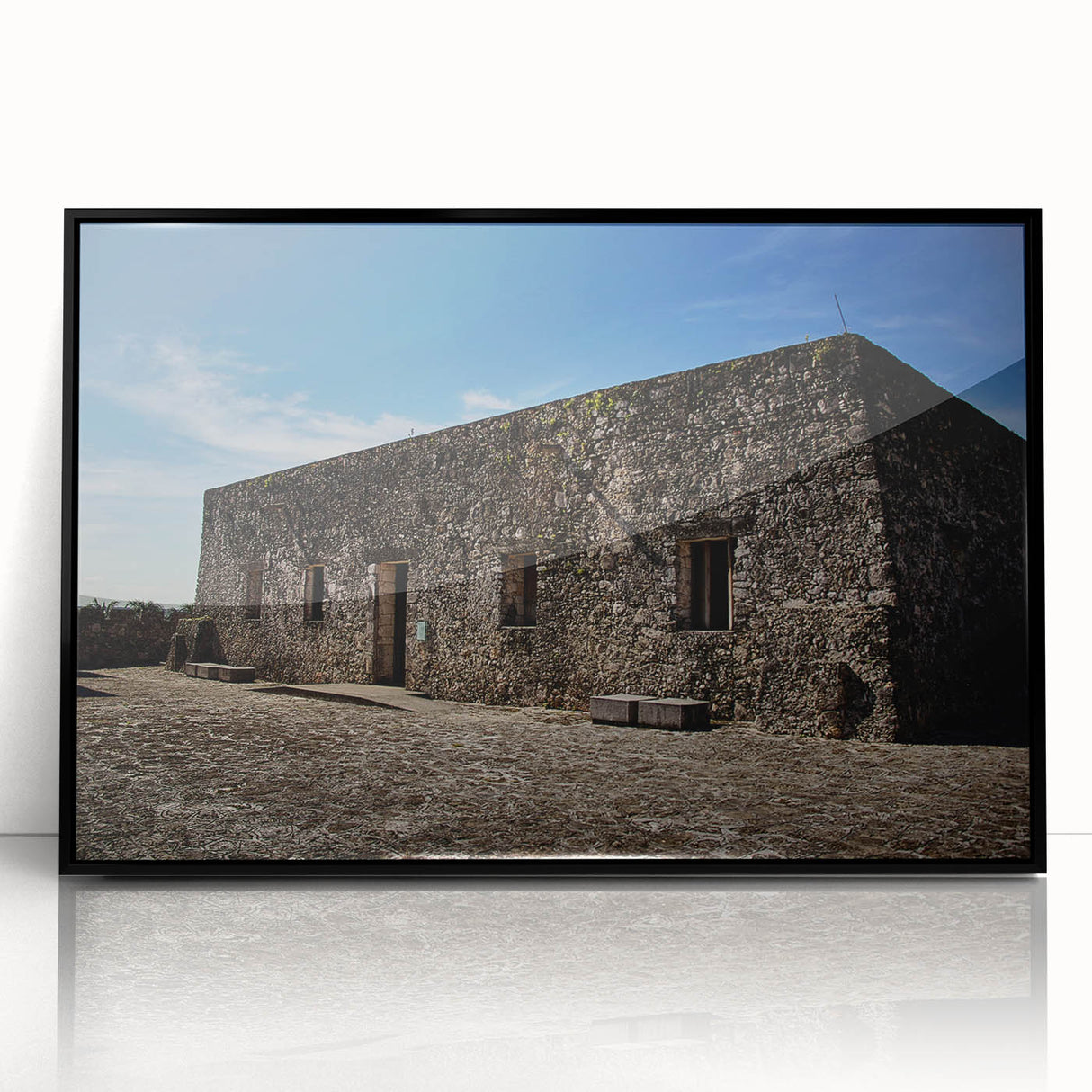 Large abstract wall art depicting a scenic Quintana Roo landscape in mid-century modernist style, framed in black acrylic.