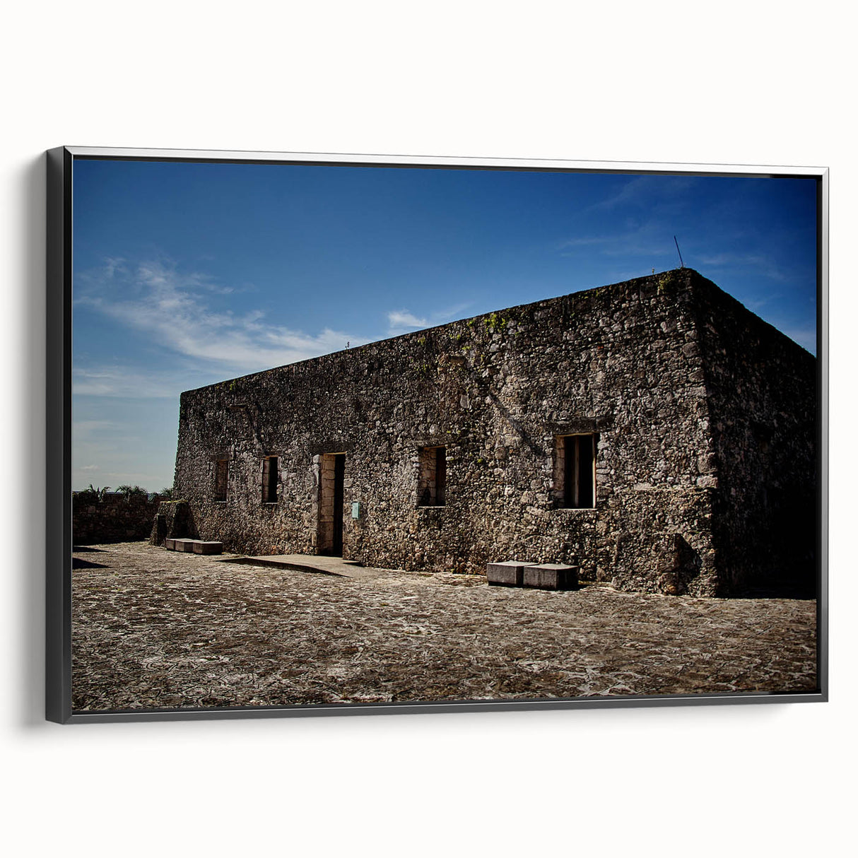 Black and white framed canvas depicting a vintage-style landscape of Quintana Roo, ideal for bedroom wall art.