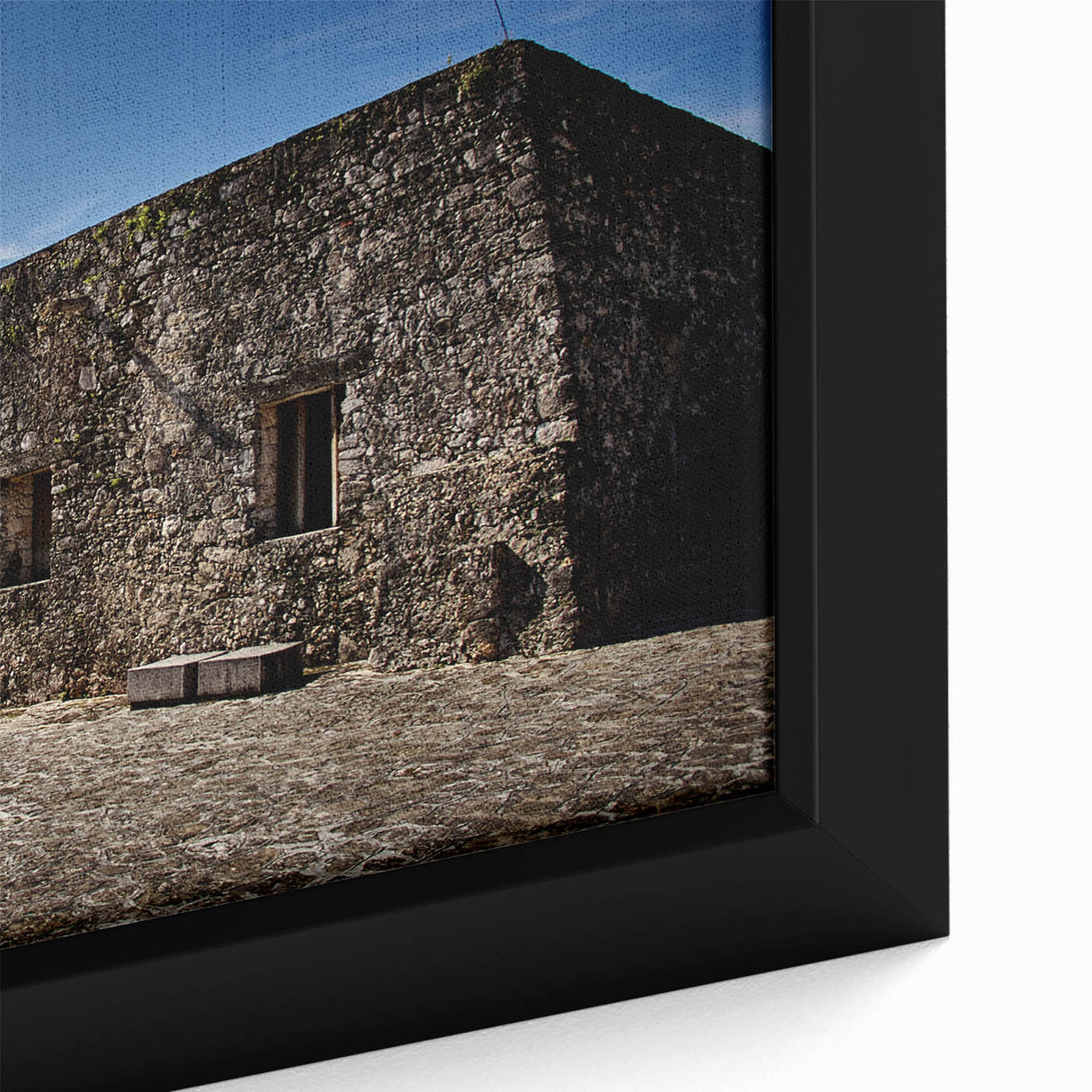 Framed canvas featuring a textured depiction of Quintana Roo scenery in vibrant colors, ideal for living room decor.