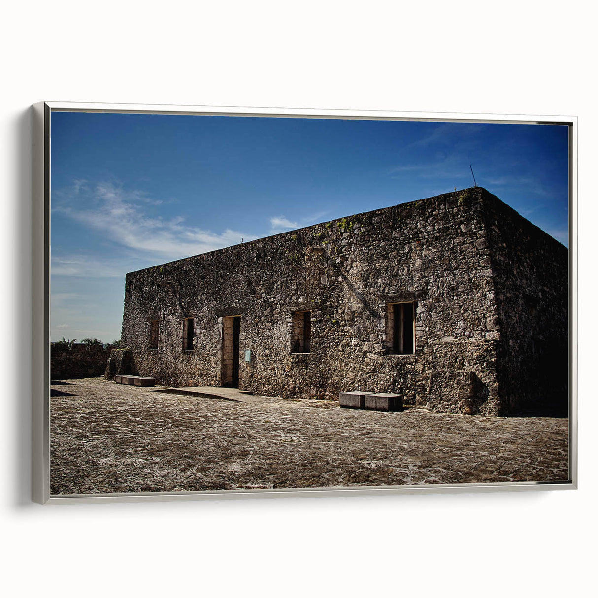 Landscape art painting of Quintana Roo, Mexico, featuring vibrant colors on a silver-framed canvas.