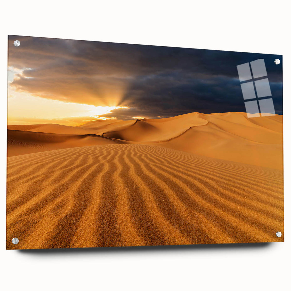 Acrylic glass print of Dubai skyline in muted earth tones, suitable for bedroom or dining room decor.